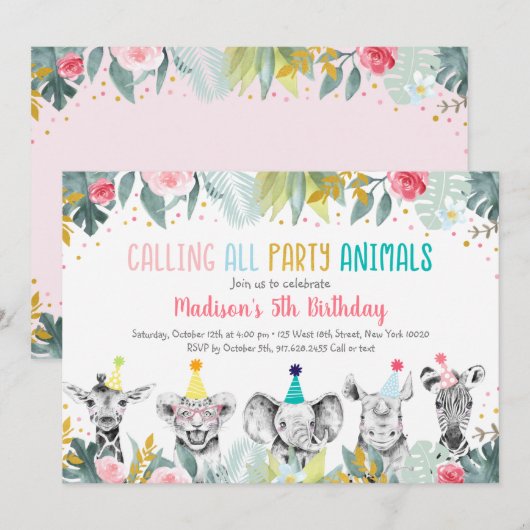 Invitation Party Animal rose Gold Safari Anniversaire (Devant / Derrière)