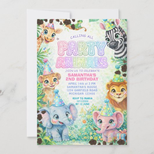 Invitation Party Animals Birthday Colorful Rainbow (Devant)