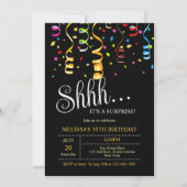 Invitation Party Confetti Ribbon Noir Surprise Anniversaire (Devant)
