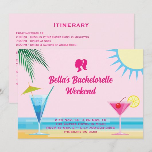 Invitation Party Pink Summer Beach Week-end Bachelorette (Devant / Derrière)