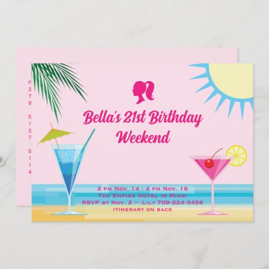 Invitation Party Pink Tropical Beach 21e Anniversaire Week-en (Devant / Derrière)