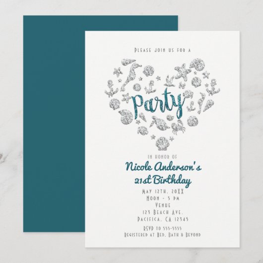 Invitation PARTY Turquoise Beach Glam Diamond Heart Invitatio (Devant / Derrière)