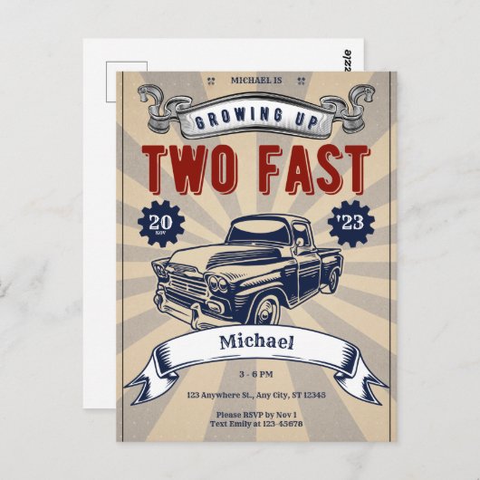 Invitation pas chère pour un garçon qui fête son 2 (Devant / Derrière)