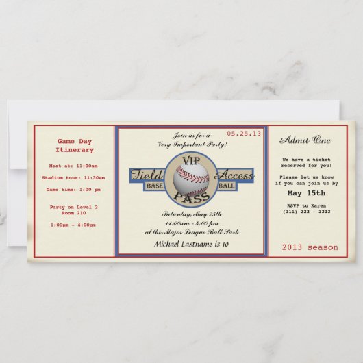 Invitation Pass d'anniversaire de base-ball (Devant)