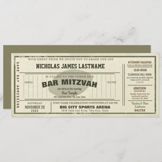Invitation Pass Football vintage Bar Mitzvah (Devant / Derrière)