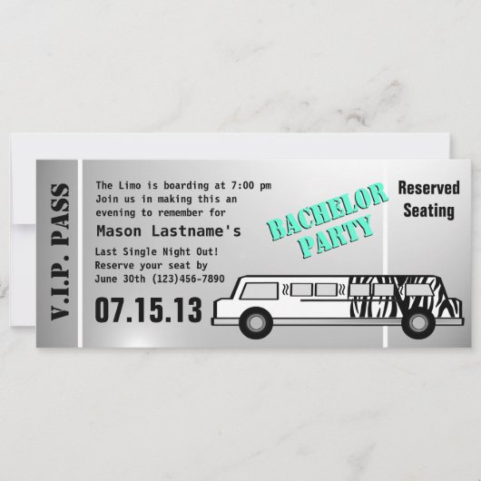 Invitation Pass Limousine pour Enterrement de Vie de Garçon (Devant)