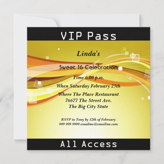 Invitation Pass VIP fête d'anniversaire 16 ans Disco (Devant)