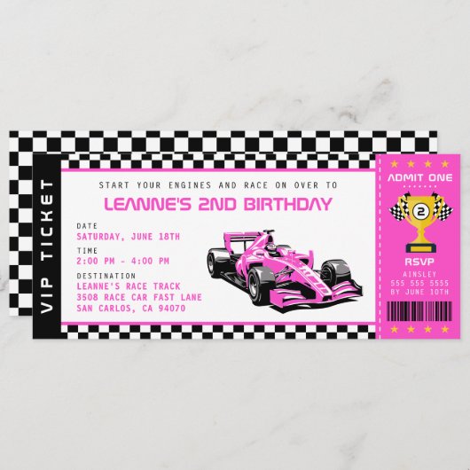 Invitation Passe-billets Pink Race Car Fille Anniversaire (Devant / Derrière)