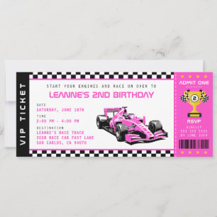 Invitation Passe-billets Pink Race Car Fille Anniversaire