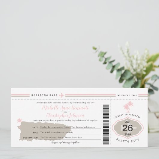 Invitation Passe Pink Palm Tree Boarding Pass Porto Rico Mari (Debout devant)