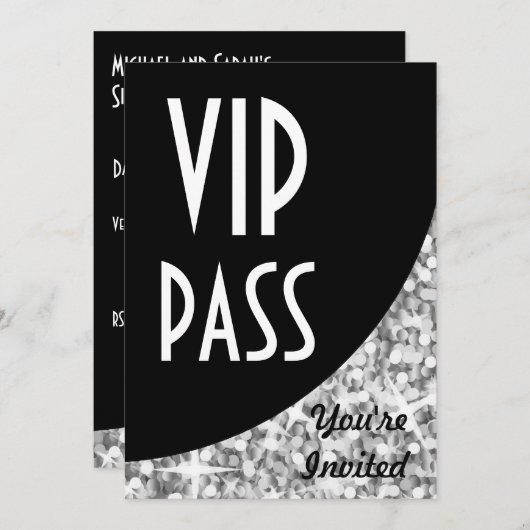 Invitation "Passe VIP" courbe noire "Silver" Glitz (Devant / Derrière)