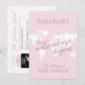 Invitation Passeport Aventure thème Voyage Baby shower rose (Devant / Derrière)