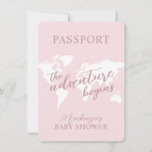 Invitation Passeport Aventure thème Voyage Baby shower rose (Devant)