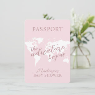 Invitation Passeport Aventure thème Voyage Baby shower rose