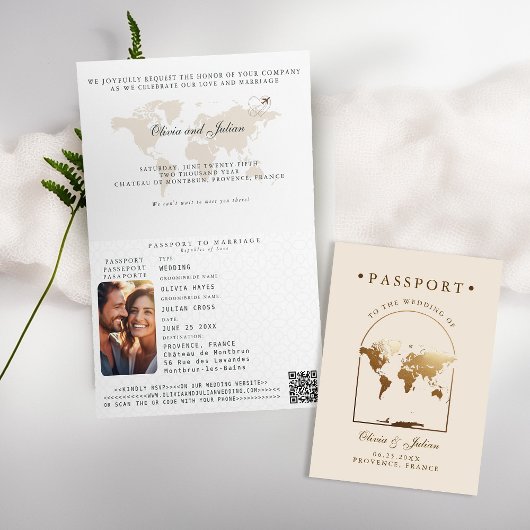 Invitation Passeport Boho Arch Beige Ecru Destination Mariage
