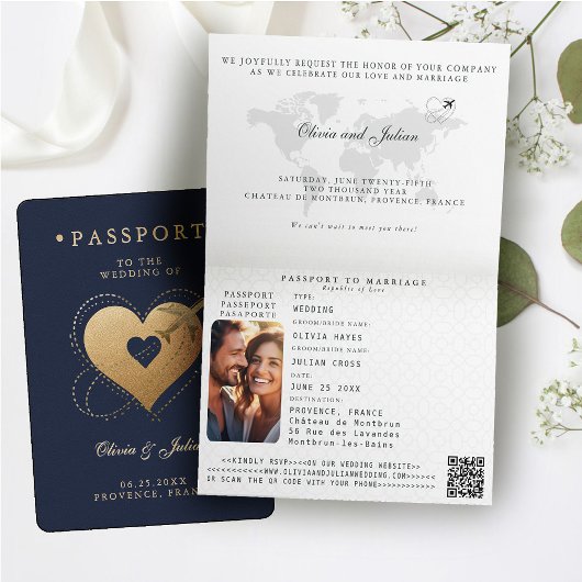 Invitation Passeport Cœurs Avion Mariage de destination Navy