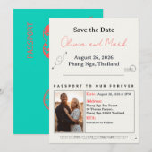 Invitation Passeport Date à Sauvegarder – Sarcelle & Corail | (Devant / Derrière)