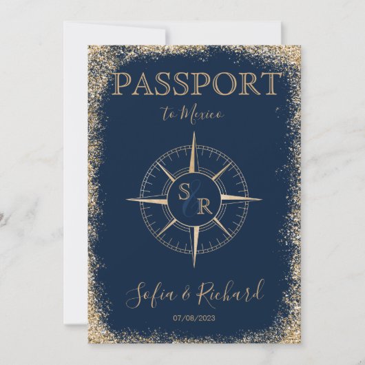 Invitation Passeport Destination Mariage Or Compass Monogramm (Devant)