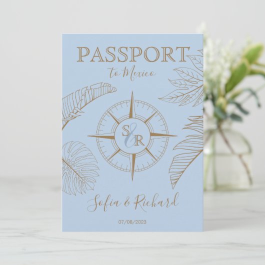 Invitation Passeport Destination Mariage Palm Compass Monogra (Debout devant)