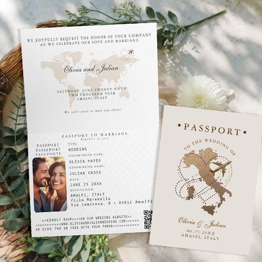 Invitation Passeport Faux Or Beige Italie Mariage Destination