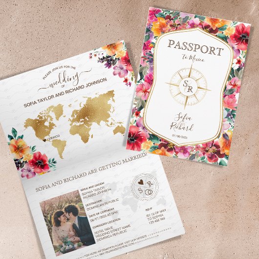 Invitation Passeport Floral Coloré Destination Mariage