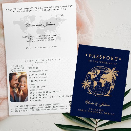 Invitation Passeport Globe Palmier Destination Mariage Tropic