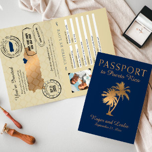 Invitation Passeport Mariage de Porto Rico Blue Faux Gold
