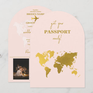 Invitation Passeport Mariage Destination Monde Rose Pâle Doré