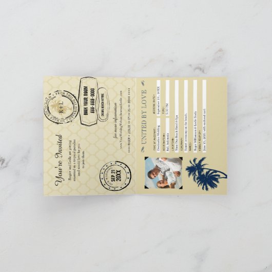 Invitation Passeport Mariage or bleu double Palm Tree (Intérieur)