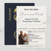 Invitation Passeport Save the Date – Bleu marine et or | Dest (Devant / Derrière)