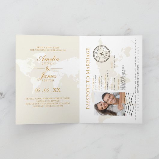 Invitation Passport Destination Compass Mariage Faux or (Intérieur)