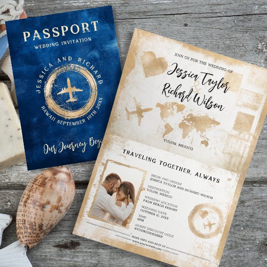 Invitation Passport Mariage Marine Blue Gold Vintage