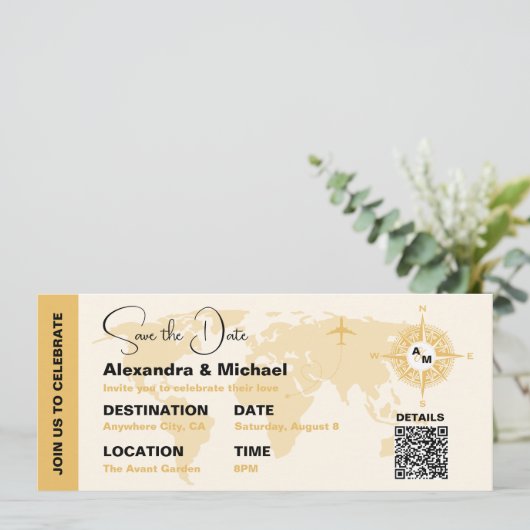 Invitation Passport moderne Black and Gold Enregistrer la dat (Debout devant)