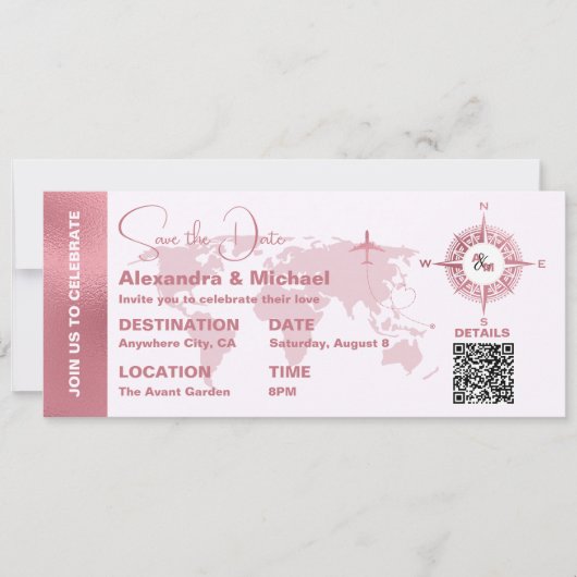 Invitation Passport or Rose moderne Enregistrer la date (Devant)