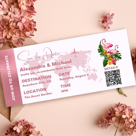 Invitation Passport or Rose moderne Enregistrer la date Invit
