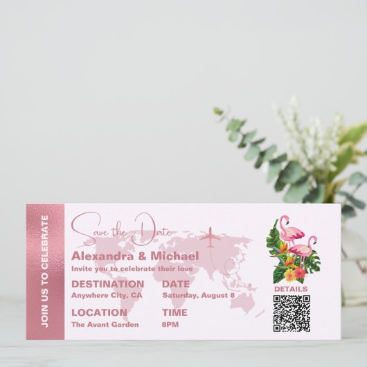 Invitation Passport or Rose moderne Enregistrer la date Invit (Debout devant)