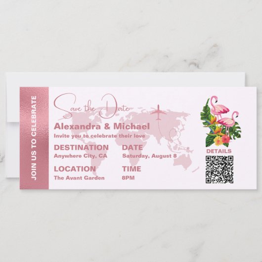 Invitation Passport or Rose moderne Enregistrer la date Invit (Devant)