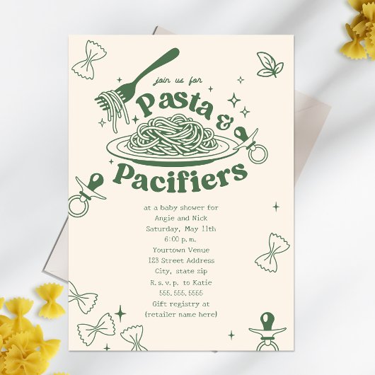 Invitation Pasta & Pacifiers Doodle Vert Neutre Baby Shower