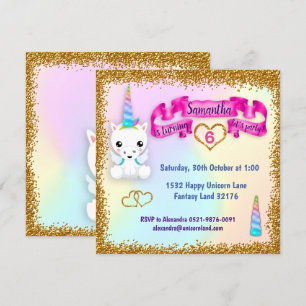Invitation Pastel and Gold Parties scintillant Unicorne Anniv