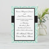 Invitation pastel aqua et crème fleur élégant damas (Debout devant)