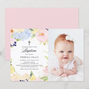 Invitation Pastel Aquarelle Cadre Floral Photo Baptême