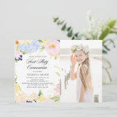 Invitation Pastel Aquarelle Cadre Floral Première Communion (Debout devant)