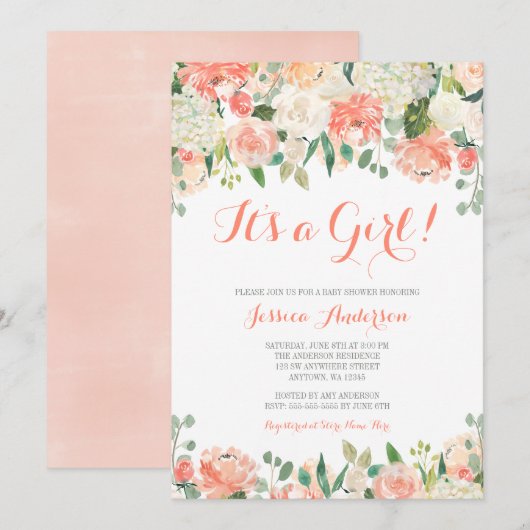 Invitation Pastel Aquarelle Fleurs Baby shower fille (Devant / Derrière)