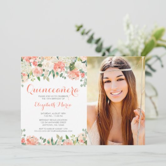 Invitation Pastel Aquarelle Fleurs Quinceañera Photo (Debout devant)