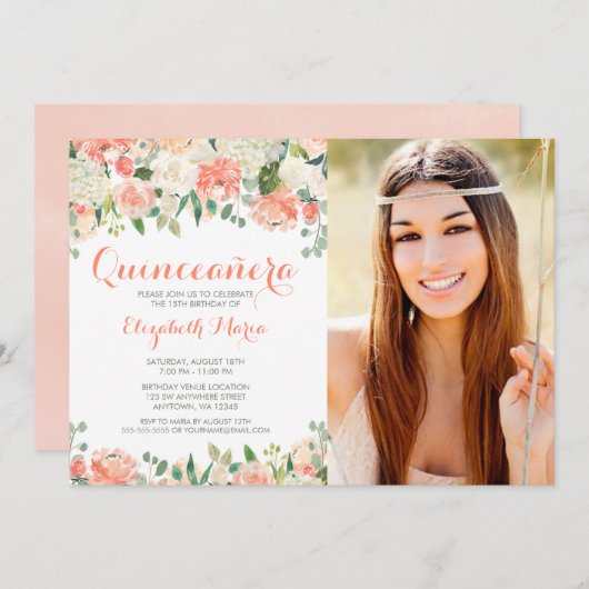 Invitation Pastel Aquarelle Fleurs Quinceañera Photo (Devant / Derrière)
