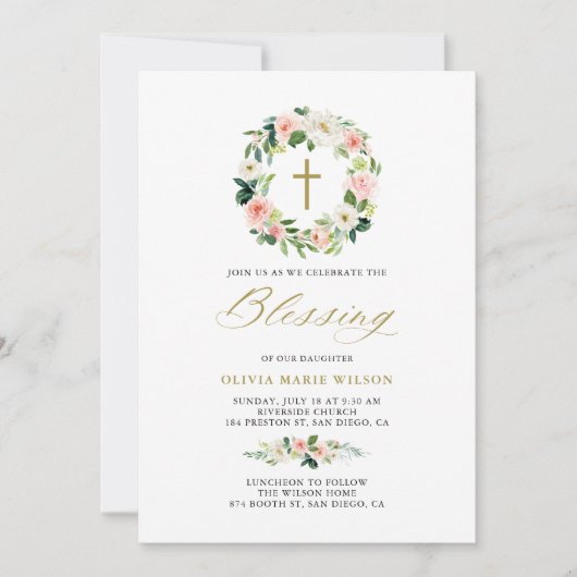 Invitation Pastel Aquarelle Fleurs Wreath Blessing bébé (Devant)