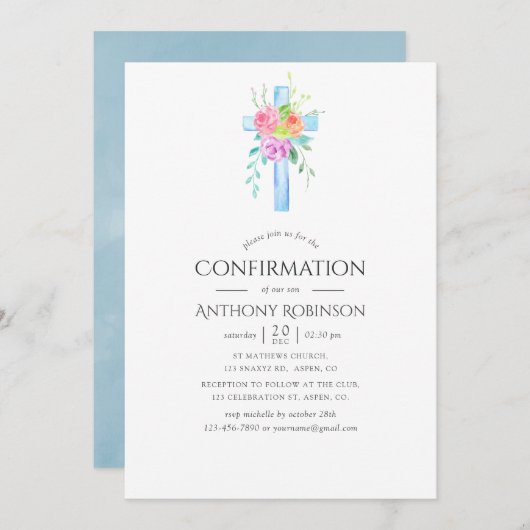 Invitation Pastel Aquarelle Floral Boy Confirmation (Devant / Derrière)