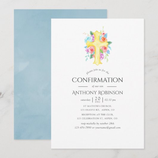 Invitation Pastel Aquarelle Floral Boy Confirmation (Devant / Derrière)