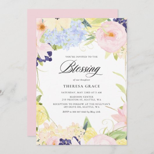 Invitation Pastel Aquarelle Floral Frame Blessing (Devant / Derrière)