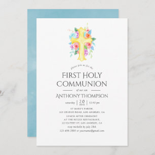 Invitation Pastel Aquarelle Floral Garçon Première Communion 